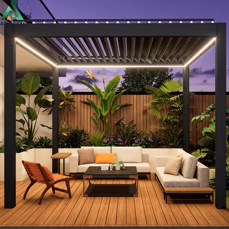 Luxury resort terrace with retractable pergola overlooking