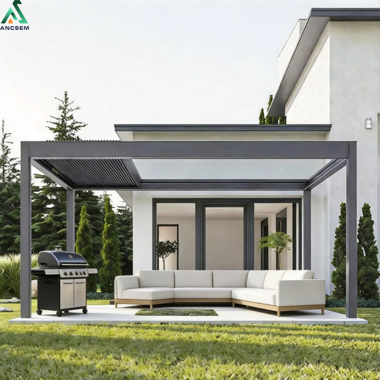Retractable pergola roof fully opened above a modern outdoor dining area overlooking a swimming pool.