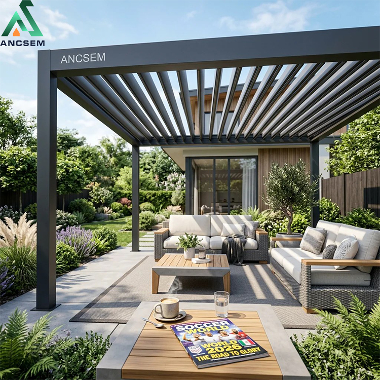 High-end aluminum louvered pergola installed in a luxury backyard, louvers partially opened, modern architecture, sunny weather.