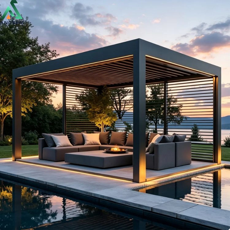 Modern aluminum pergola in luxury backyard outdoor living space