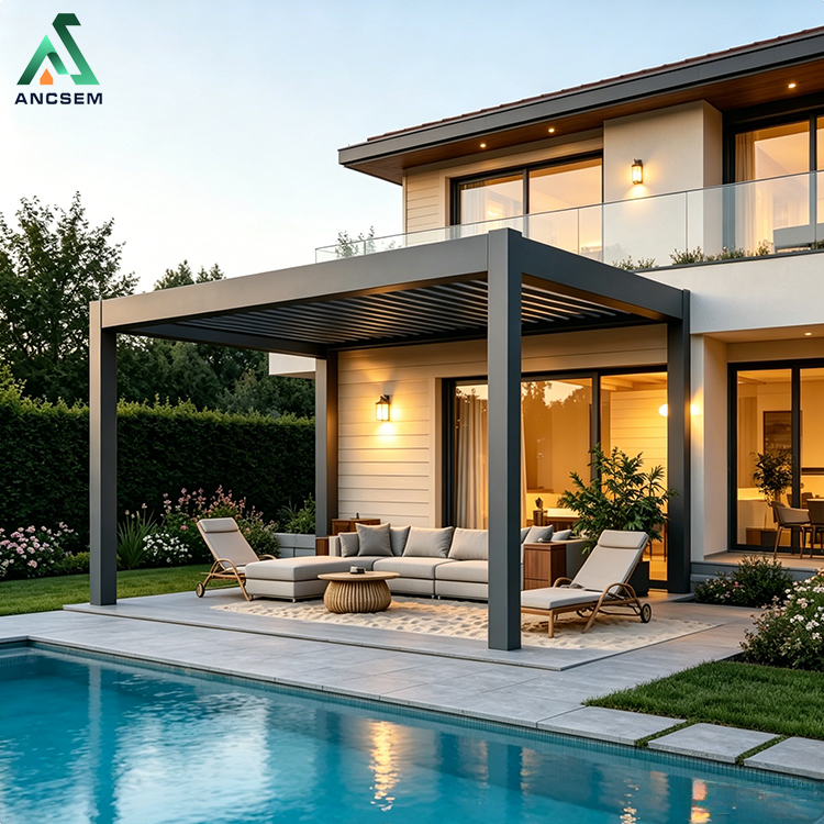A modern luxury villa with an ANCSEM aluminum bioclimatic pergola beside a swimming pool during golden hour.