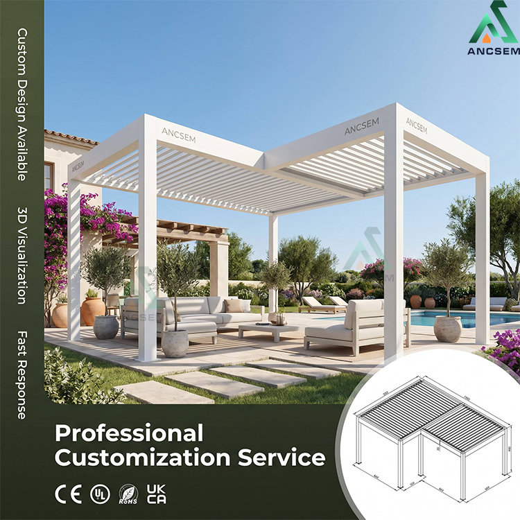 Custom aluminum pergola design service with 3D visualization for outdoor living spaces
