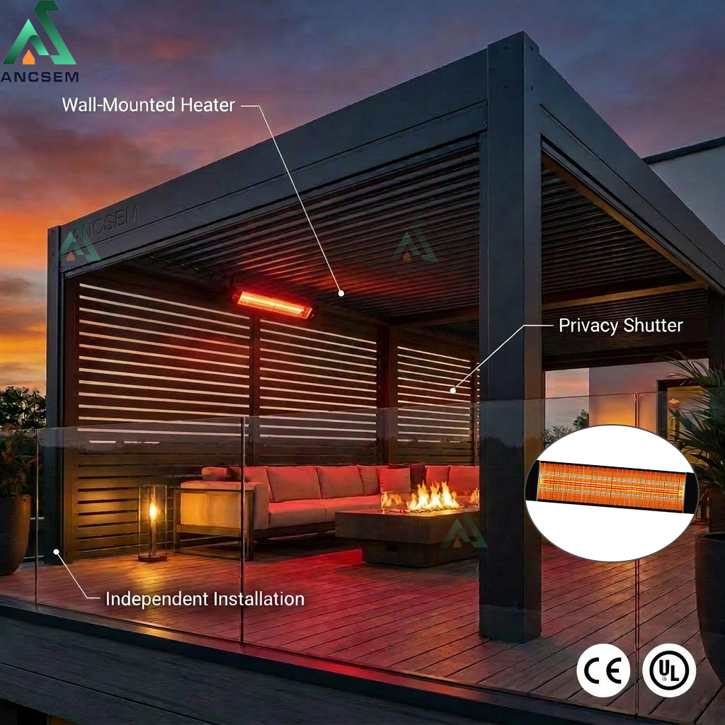 Winter heating solution: Infrared heaters and wind screens for ANCSEM pergolas.