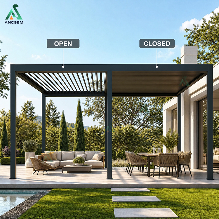 ANCSEM motorized louver pergola open closed comparison