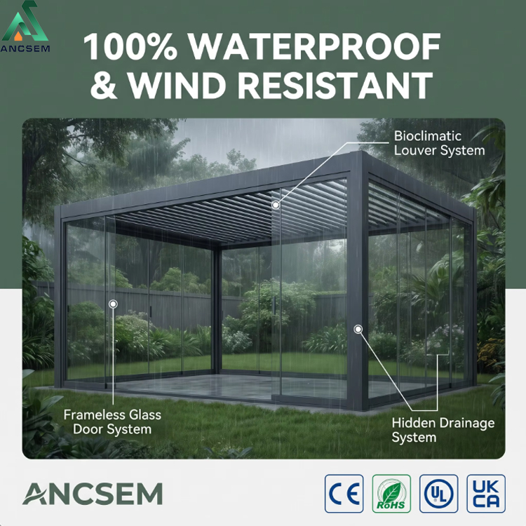 ANCSEM waterproof aluminum louver pergola rain performance