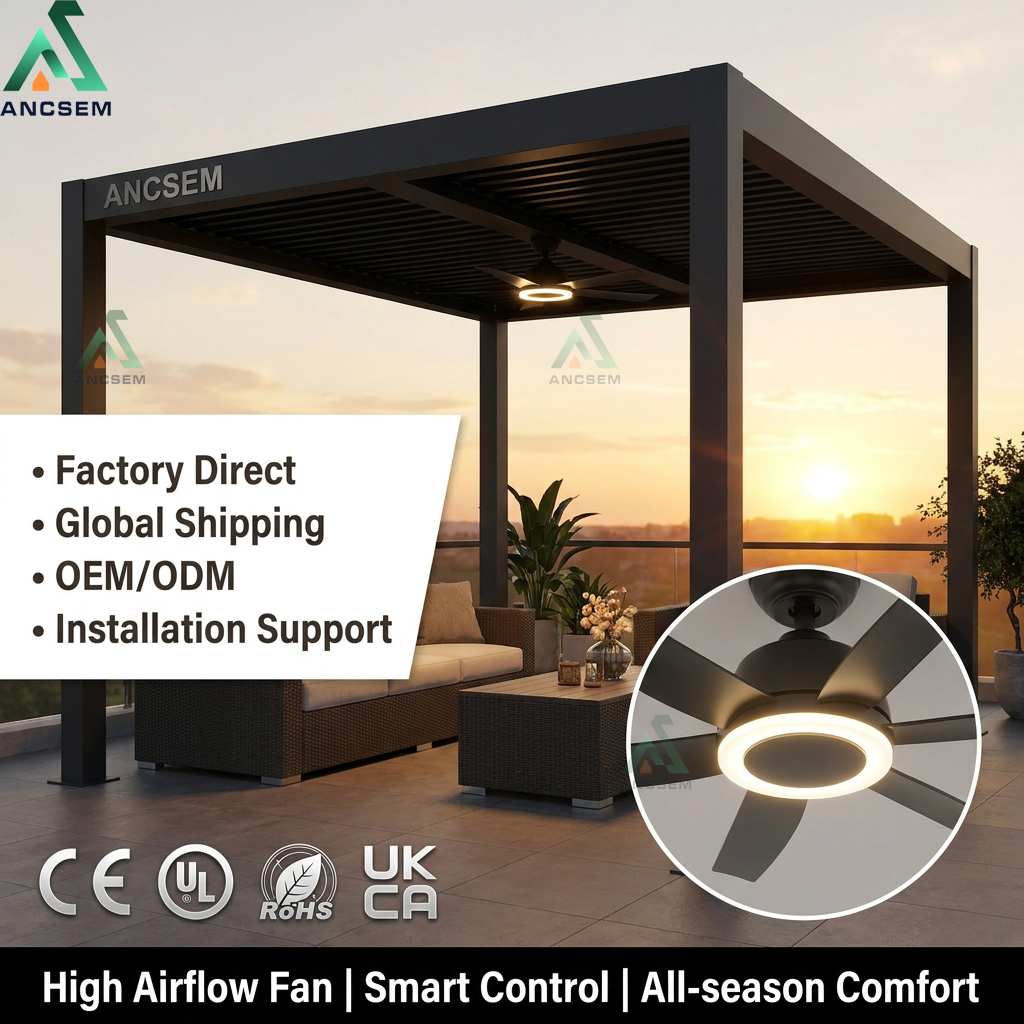 Louvered pergola equipped with integrated fan light, outdoor leisure lighting and ventilation