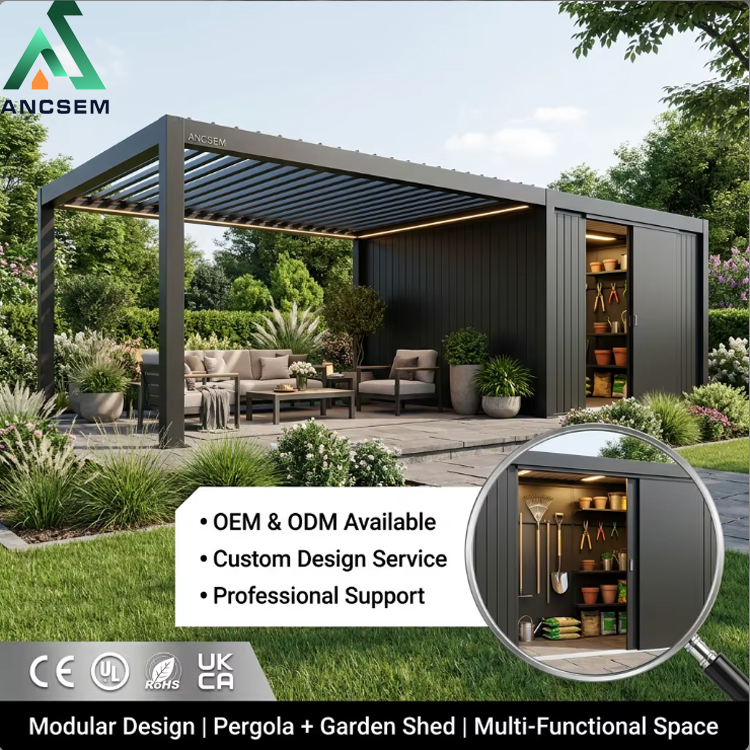 Combined louvered pergola and garden shed, backyard integrated outdoor design