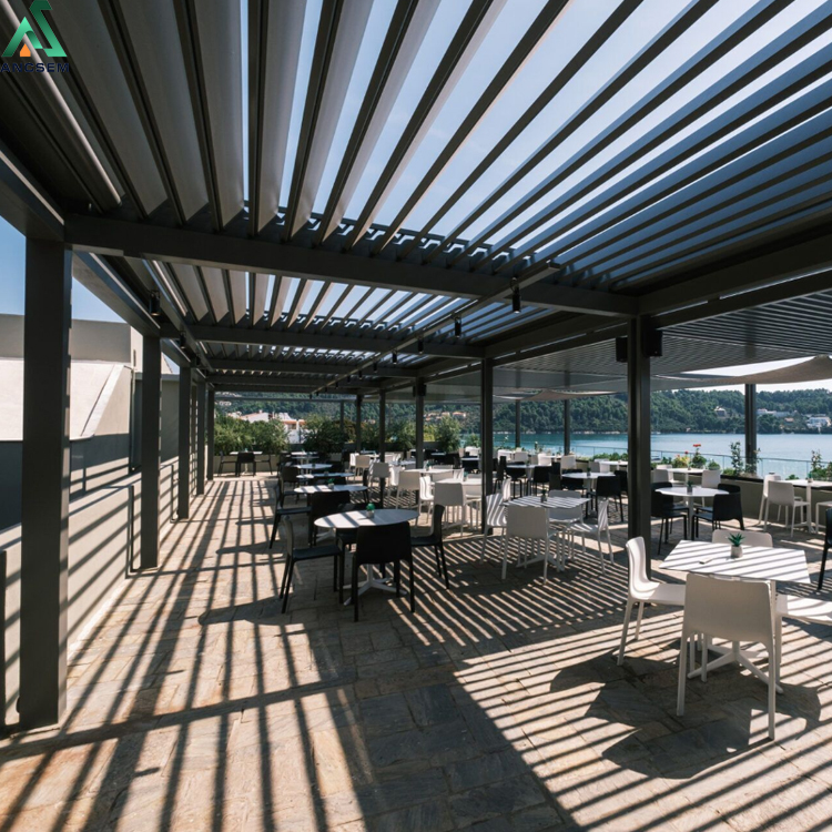 Aluminum louvered pergola shading scenic lakeside outdoor restaurant terrace