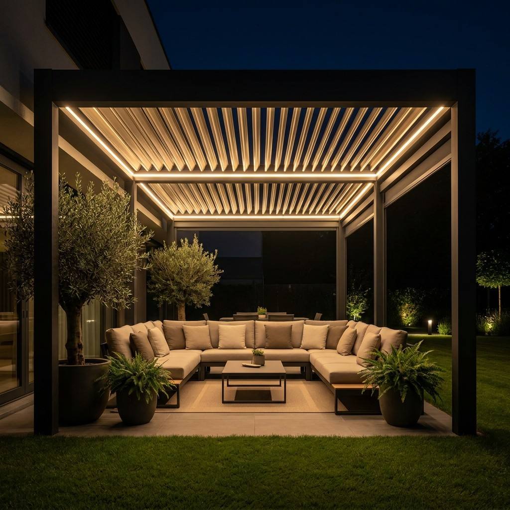 Modern black louvered pergola with integrated warm LED lighting at night