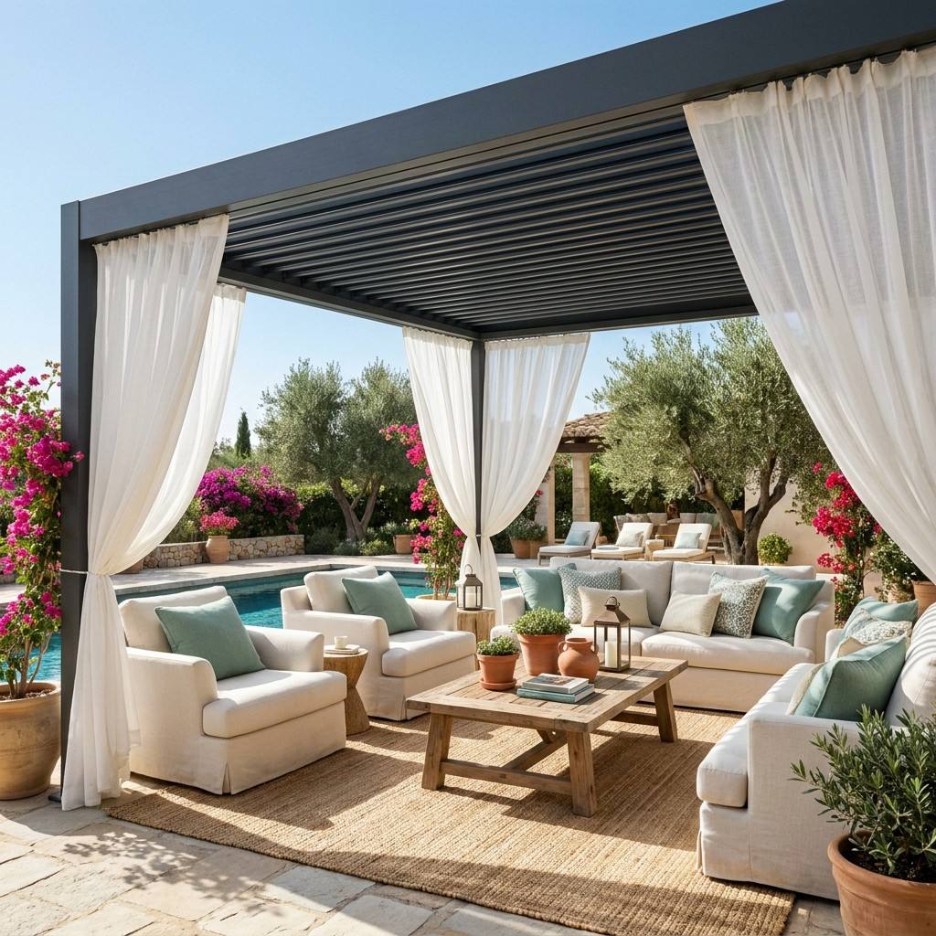 Gray pergola with sheer white curtains and cozy outdoor pillows
