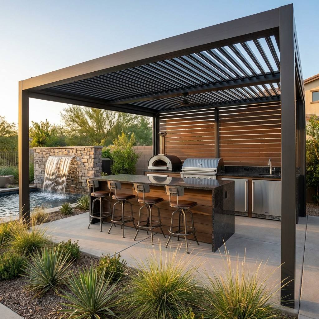 Modern pergola integrated with a high-end outdoor kitchen and bar stools
