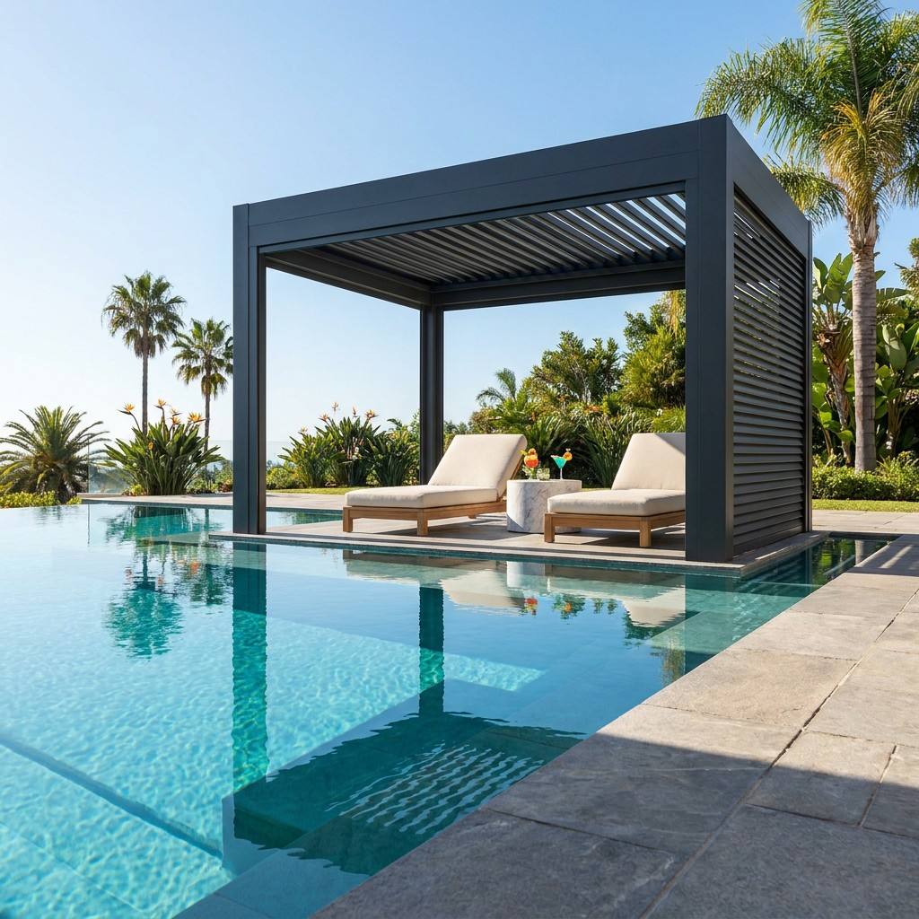 Modern charcoal gray louvered pergola integrated with a luxury swimming pool, resort-style lounge area