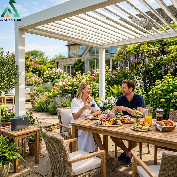 Couple njoying dinner under pergola