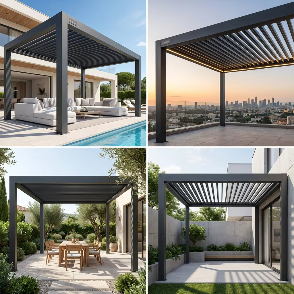 A collage showing multiple ANCSEM aluminum pergolas installed on different luxury properties, including a poolside villa, rooftop terrace, garden patio, and courtyard.
