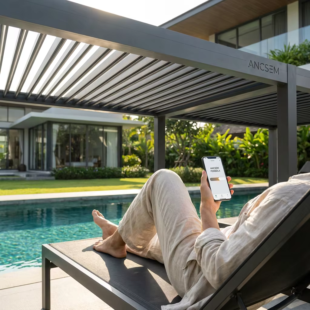 A homeowner controlling the pergola with a smartphone while relaxing beside the swimming pool.