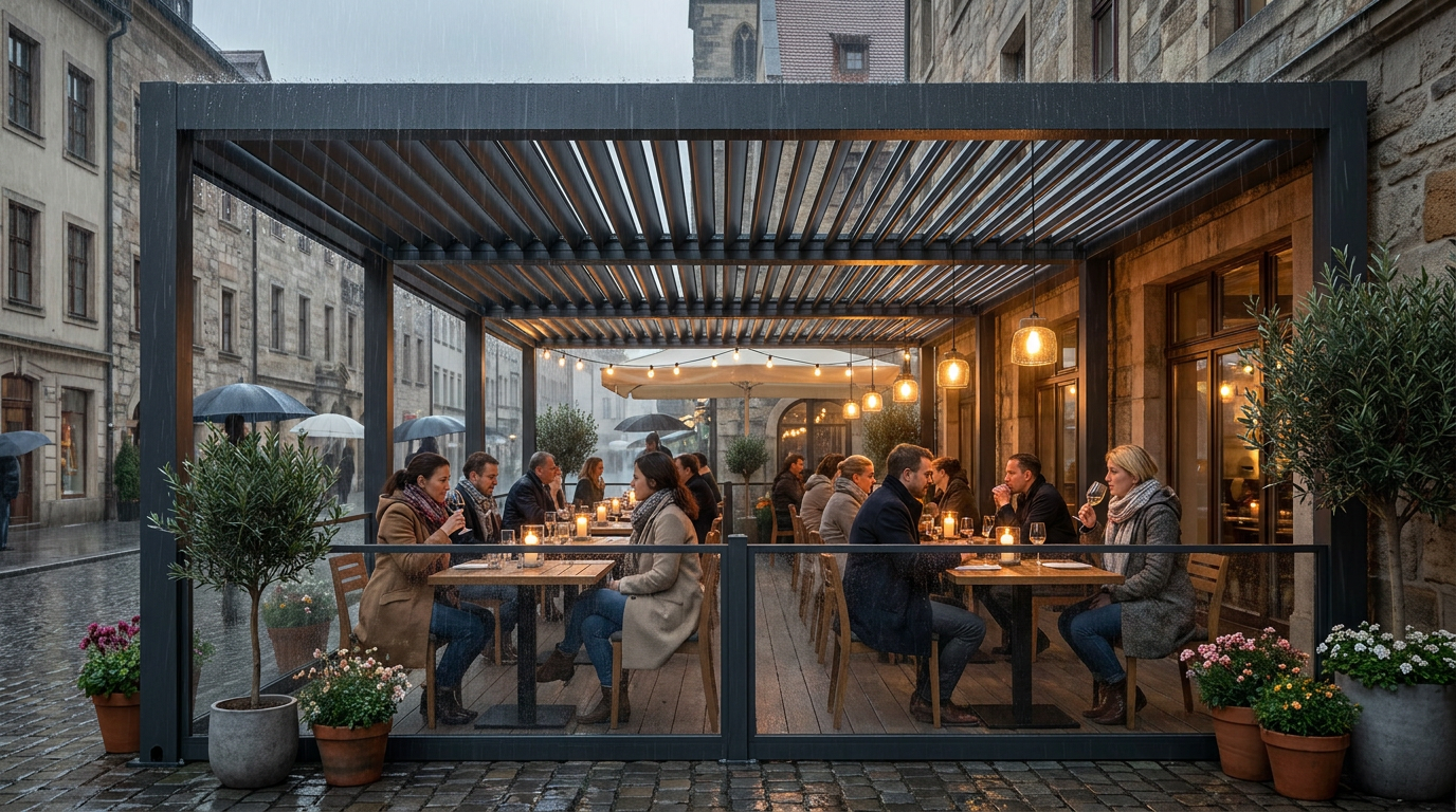 Black motorized louver pergola covering rainy European street cafe with dining guests