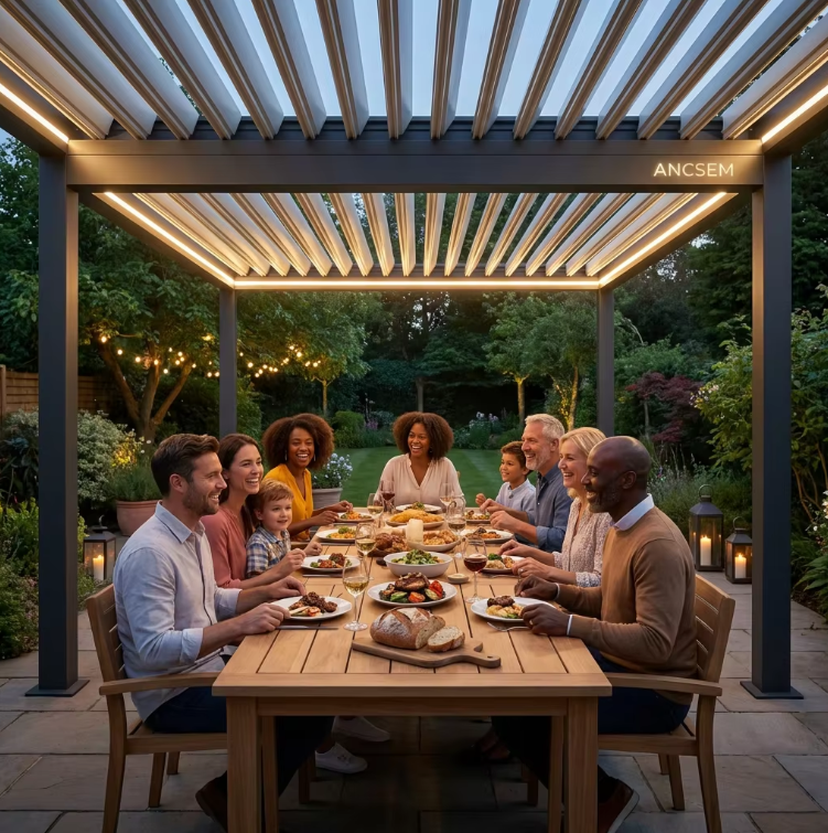 Family and friends enjoying dinner beneath an illuminated pergola during the evening.