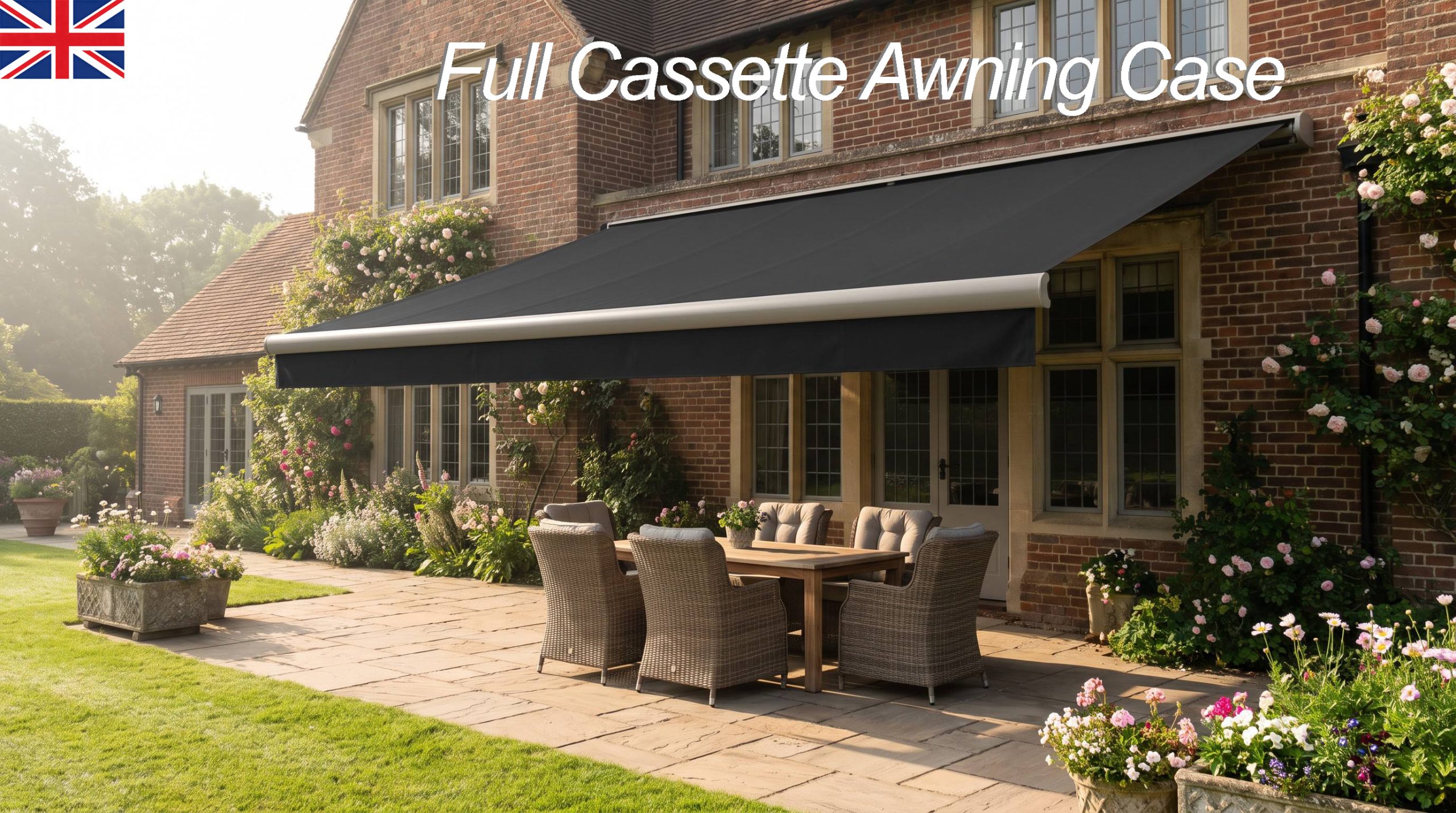 Custom motorized full cassette retractable awning installed on a classic British residential patio with garden view