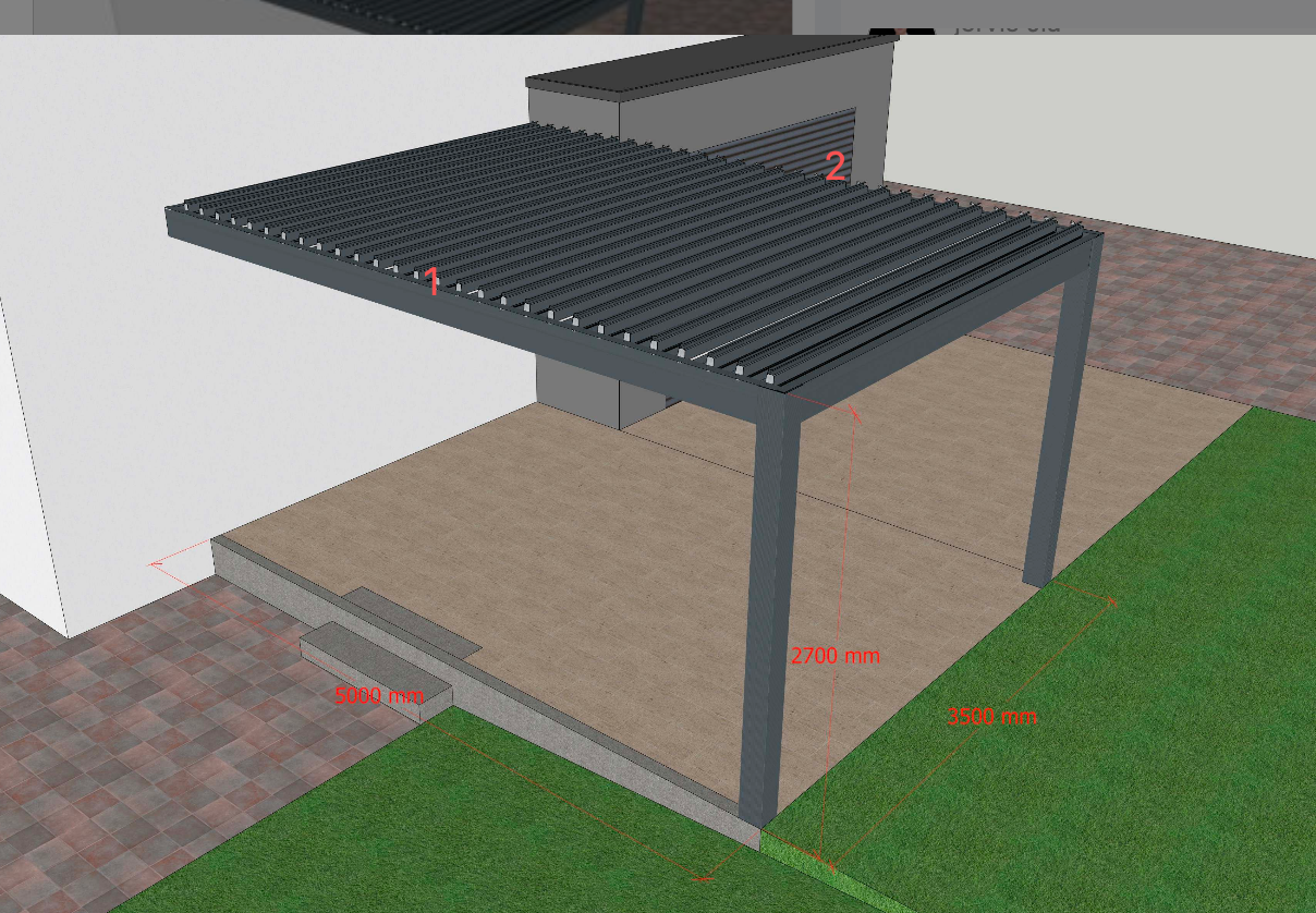 3D design render of a wall-mounted louvered pergola in dark grey with 5m width and 3.5m depth
