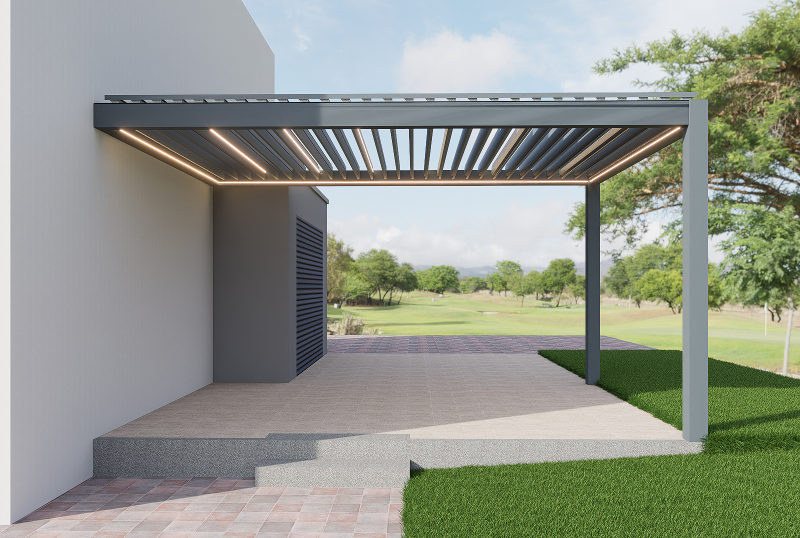Daytime 3D render of a wall-mounted louvered pergola with LED lighting on