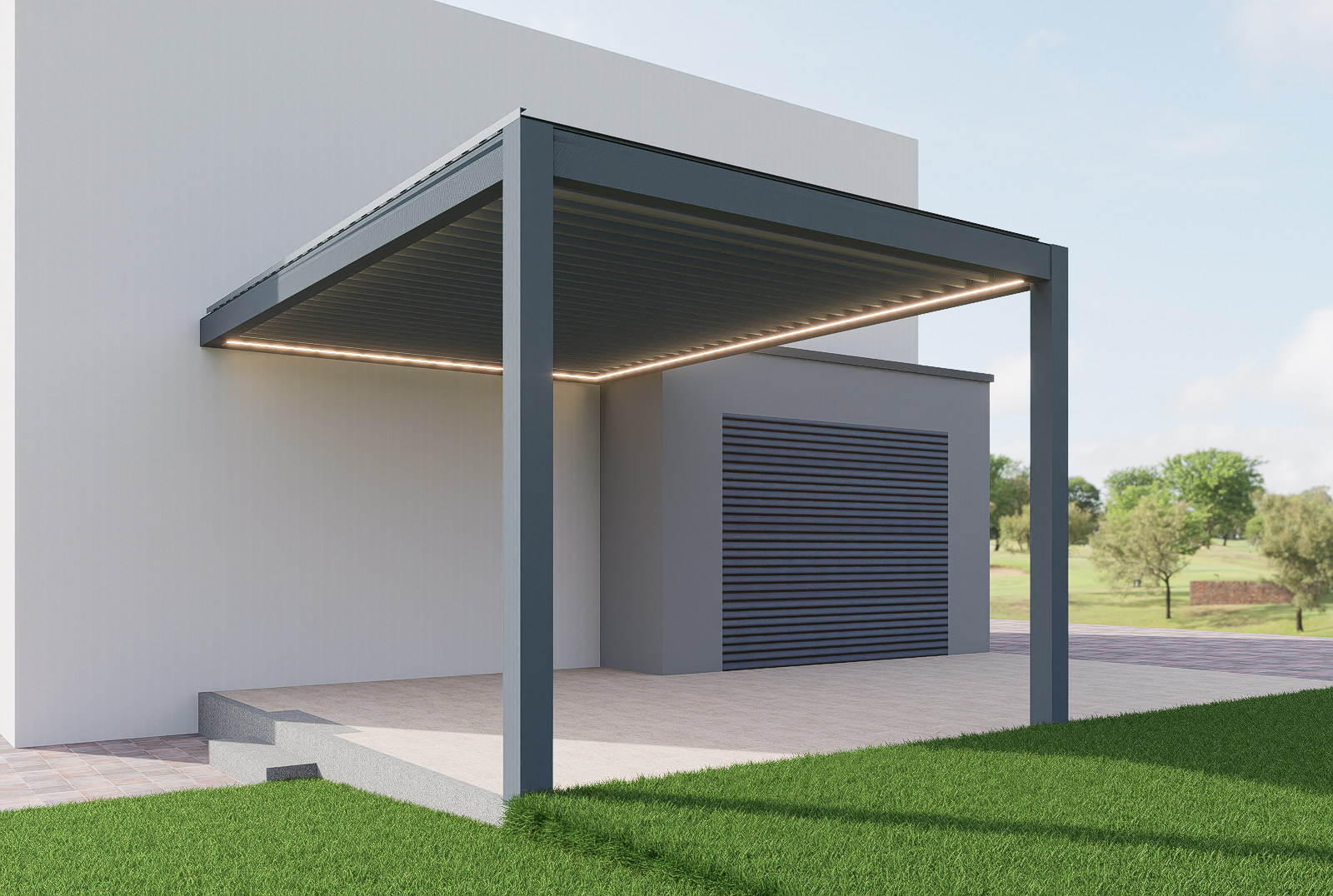 3D render of a dark grey wall-mounted louvered pergola with two posts and LED lighting