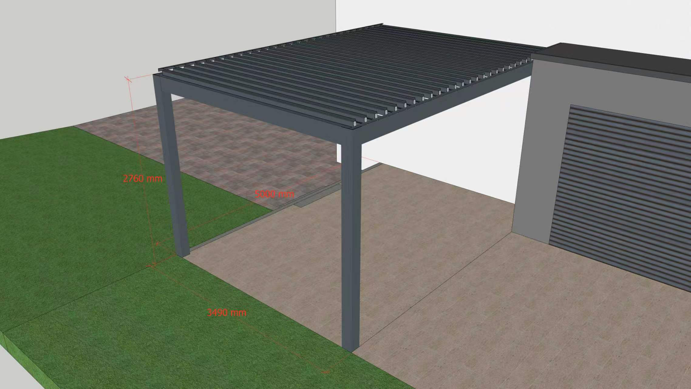 Elevated 3D render of a wall-mounted louvered pergola over a paved patio