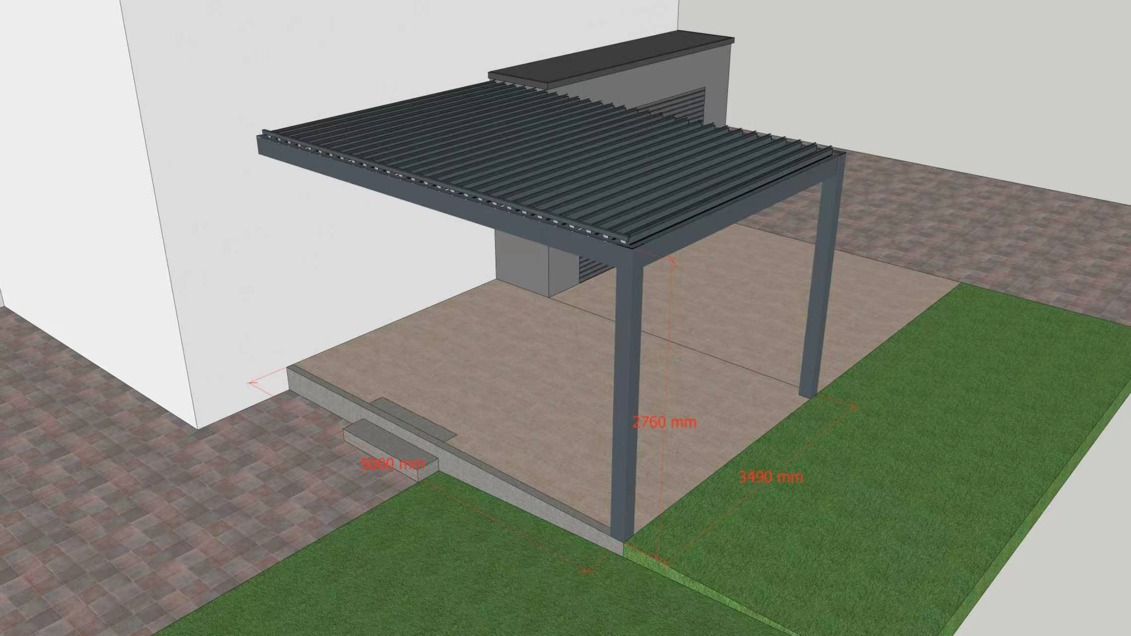 3D render of a wall-mounted louvered pergola showing post and roof dimensions