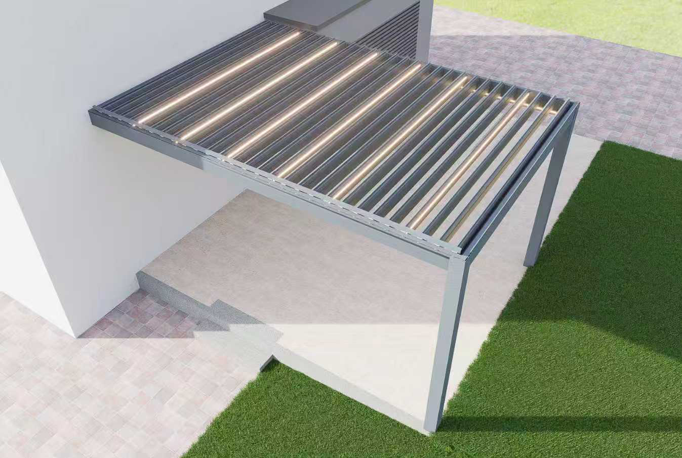 3D render of a louvered pergola roof showing integrated LED strip lighting