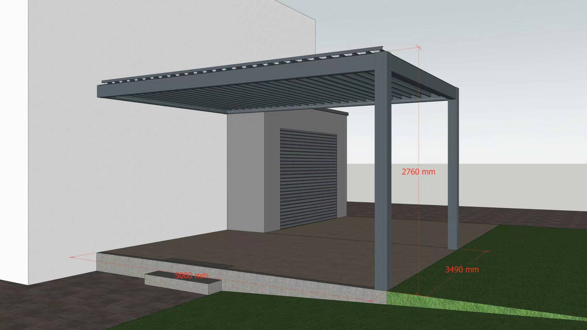 3D render front view of a dark grey wall-mounted louvered pergola with 2760mm height