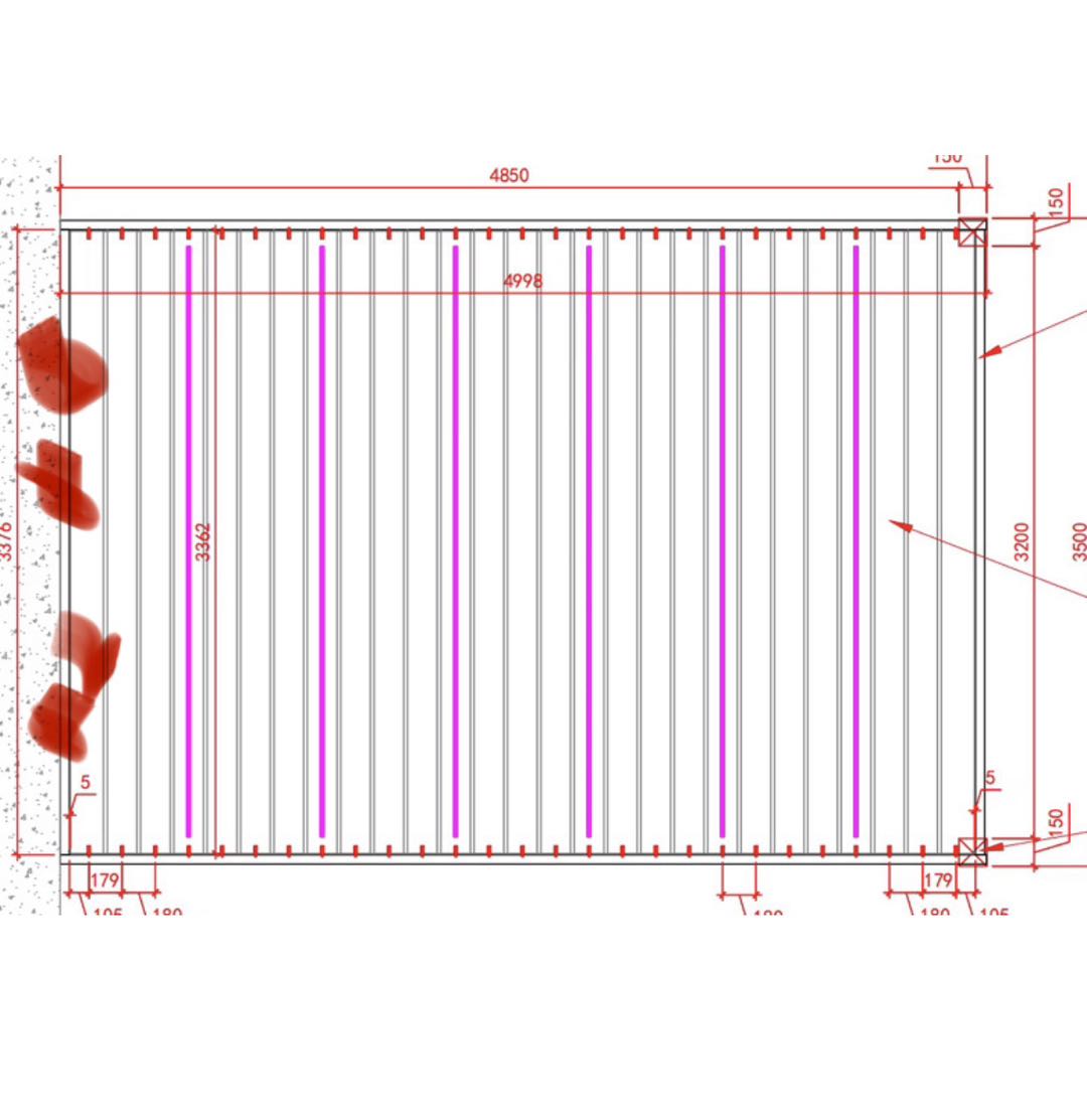 Production drawing of a custom wall-mounted louvered pergola with dimensions and fixing points