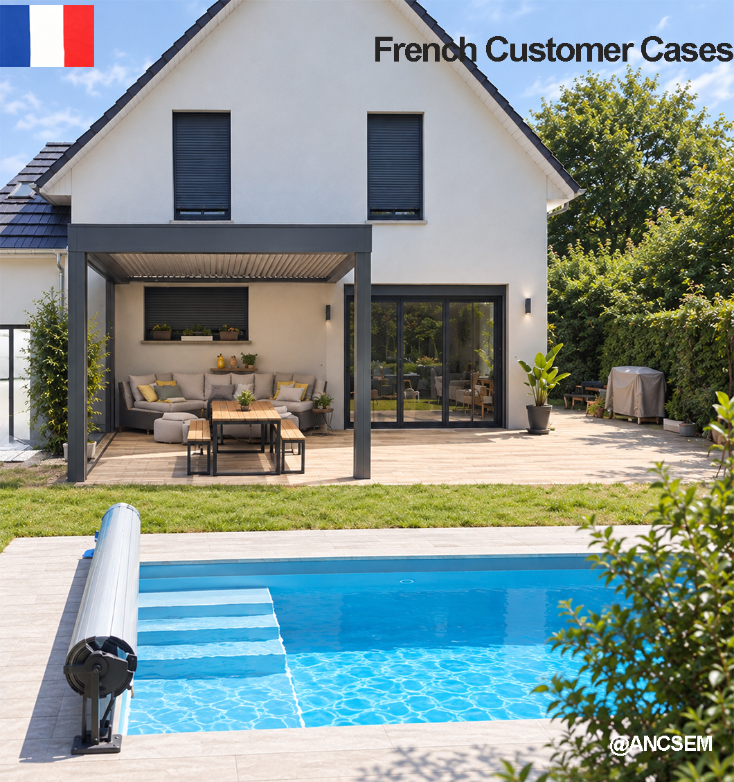 Completed dark grey wall-mounted louvered pergola over a French backyard patio and pool