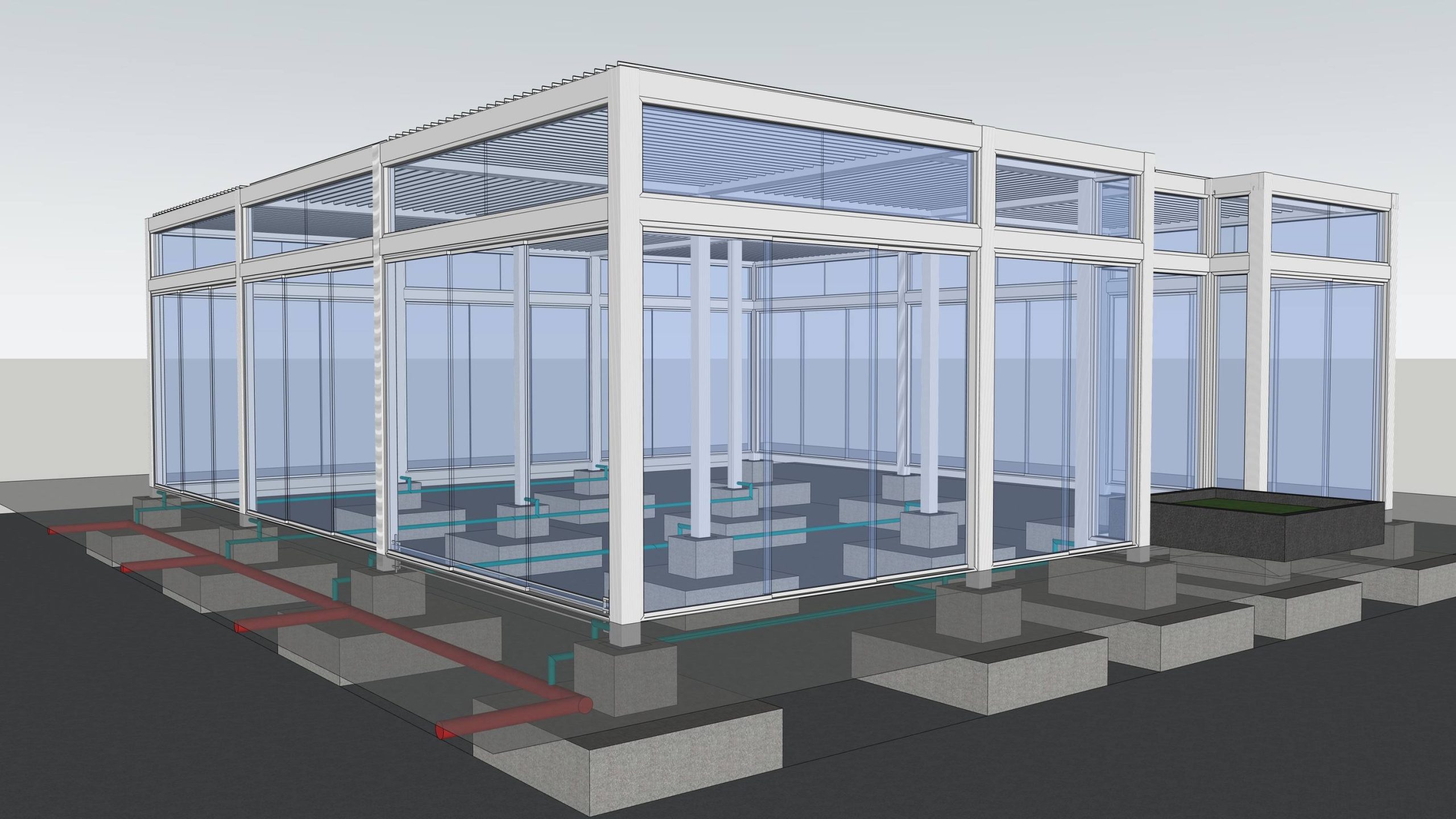 Structural CAD schematic showing concealed underground rainwater drainage for commercial pergola