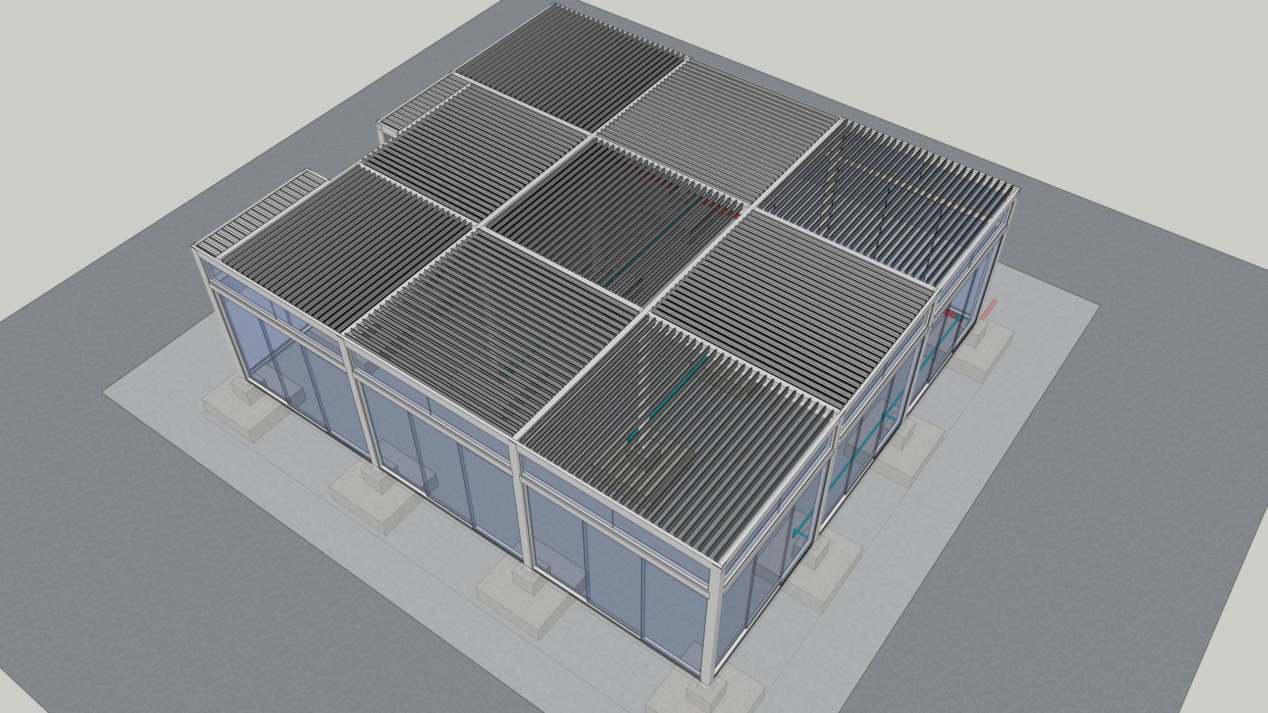 3D architectural model of 9-bay commercial motorized louvered pergola for UAE restaurant