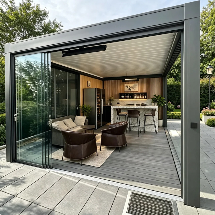 Modern aluminum louvered pergola enclosed with multi-track sliding glass doors featuring luxury outdoor bar and lounge seating