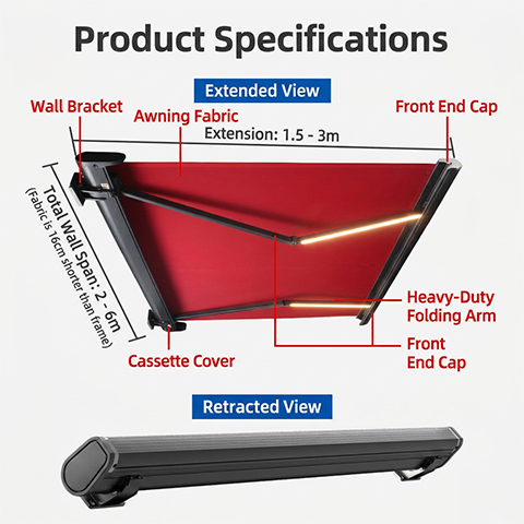 Full Cassette Retractable Awning Specifications and Dimensions Full cassette retractable awning product specifications diagram showing extended and retracted views with dimensions 2m to 6m width and 1.5m to 3m extension